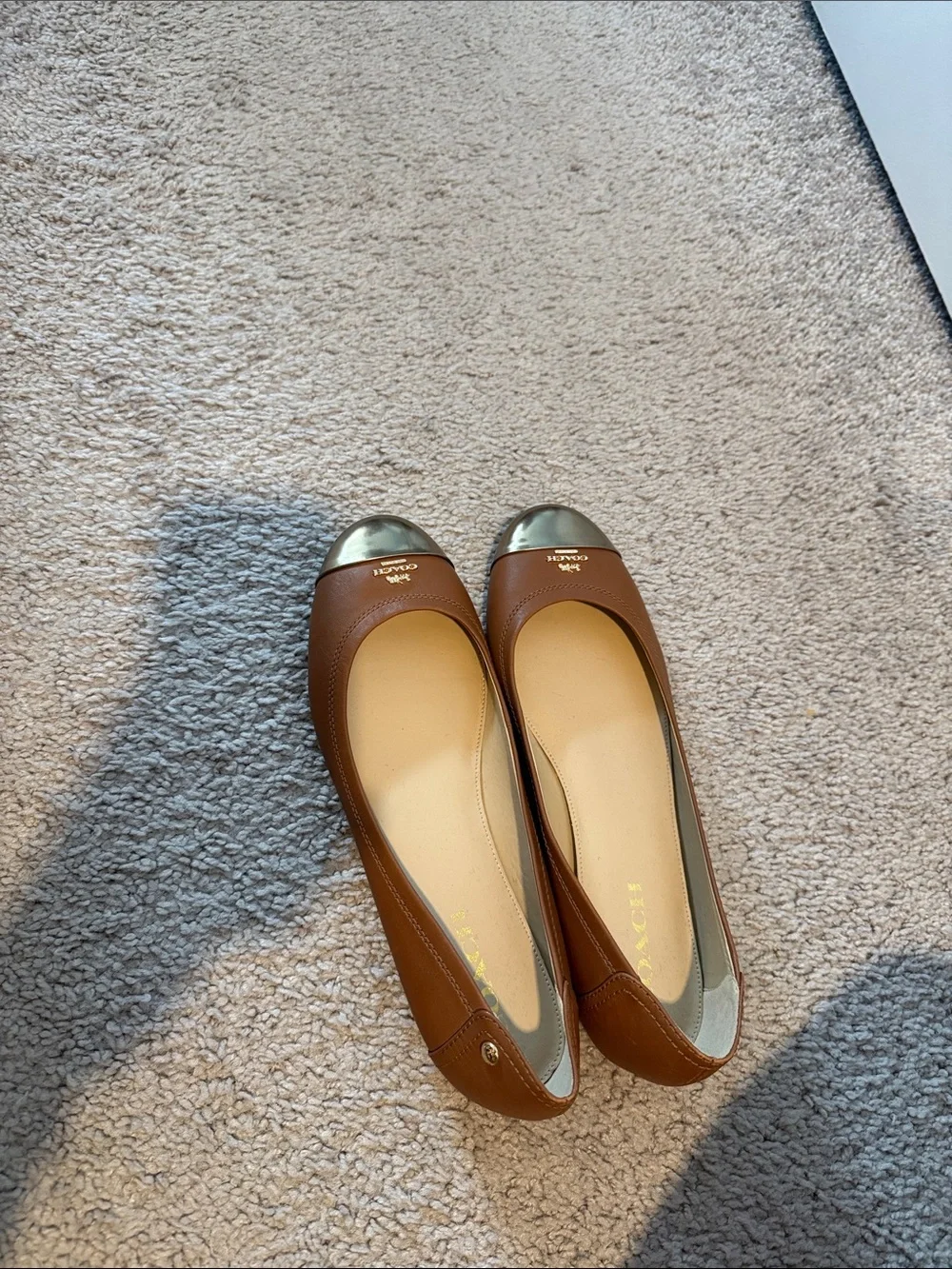 Coach Women’s Tan Leather Ballet Flats with Gold Cap Toe